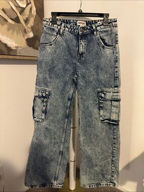 GUESS Women Light Blue Acid-Wash Cargo Jeans
